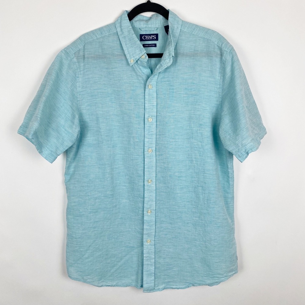 CHAPS‎ Mens Linen Cotton Short Sleeve Button Down Shirt Aqua Blue Size L